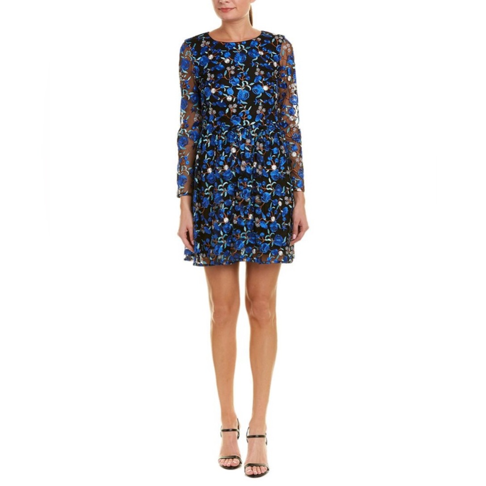 Badgley Mischka Blue Cocktail Dress with 3/4 Bishop Sleeves and A-line Style